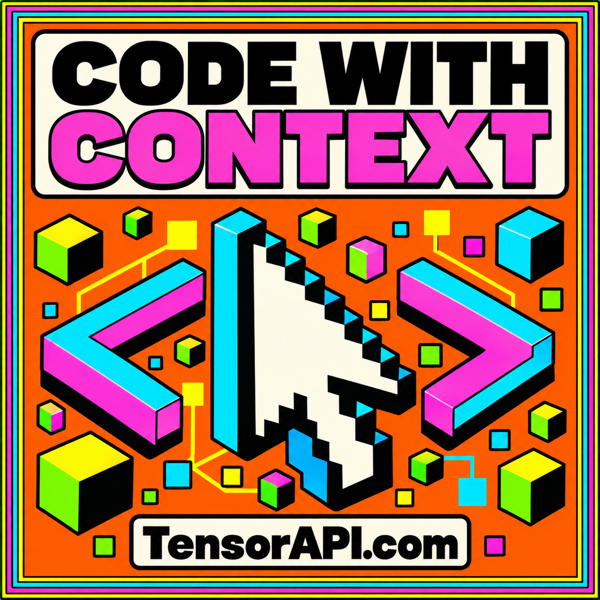 A dimensional pointer and colorful code brackets illustrate Code with Context.
