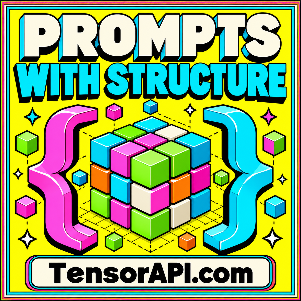 Neon dimensional brackets frame a structured matrix beneath Prompts with Structure.