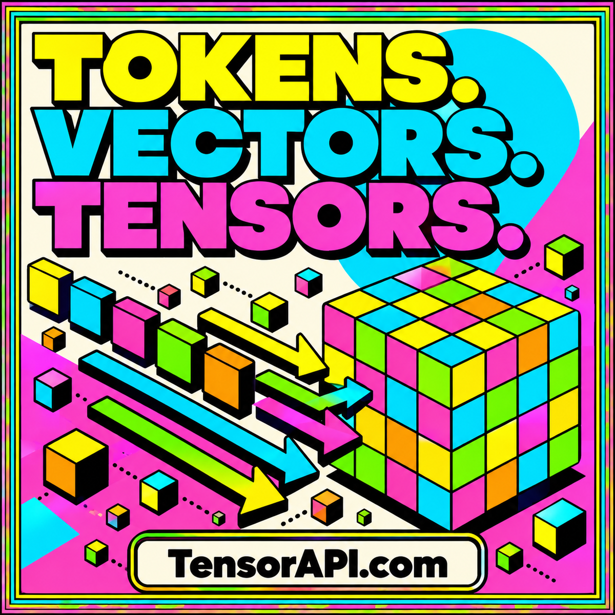 Bright token squares, vector arrows, and a tensor matrix with Tokens. Vectors. Tensors. typography.